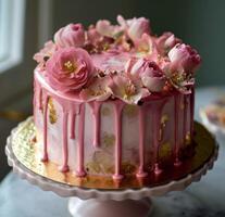 ai gerado a elegante Rosa bolo com flores em topo foto
