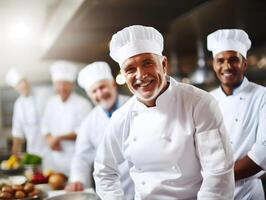 ai gerado retrato do uma masculino Senior chefe de cozinha com desfocado de outros companheiros de equipe foto