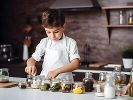 ai gerado uma caucasiano Garoto vestido Como uma chefe de cozinha e preparando Comida dentro cozinha. foto