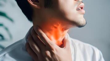 ai gerado chama às pescoço do uma cara. conceito do dolorido garganta, faringite, laringite, tireoidite, asfixia foto