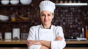 ai gerado lindo mulher chefe de cozinha com sorrir dentro uma restaurante foto