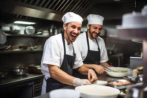 ai gerado dois masculino chefs preparando Comida dentro uma cozinha do uma restaurante foto