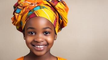 ai gerado africano maduro bebê menina dentro tradicional roupas retrato. tradicionalmente vestido dentro colorida roupas e cabeça enrolar. Preto história mês conceito. foto