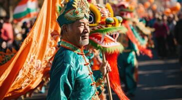 ai gerado homem dentro traje detém indiano e chinês bandeira, e uma Dragão dentro uma parada, foto