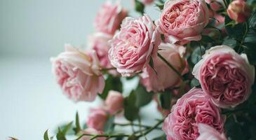 ai gerado Rosa rosas em uma branco fundo com espaço para Nota foto