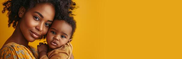 ai gerado criança Cuidado com africano americano mãe com dela bebê, saúde Cuidado e feliz família conceito, esvaziar espaço dentro estúdio tiro isolado em amarelo grandes bandeira fundo, generativo ai foto