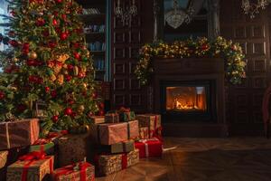 clássico Natal decorado interior vivo quarto biblioteca com lareira. Natal árvore com vermelho dourado enfeite decorações. moderno clássico estilo interior Projeto apartamento. Natal véspera às casa foto