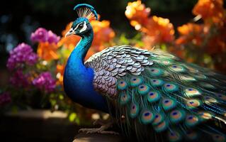 botânico elegância fechar-se do uma de pavão vibrante plumagem foto