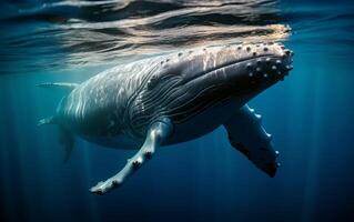brincalhão bebê corcunda baleia brincando perto a superfície dentro azul águas foto