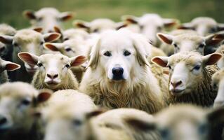 pastor cachorro emergente uma único momento dentro a ovelha rebanho foto