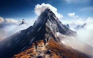 Alto altitude triunfo alpinistas em rochoso cume foto