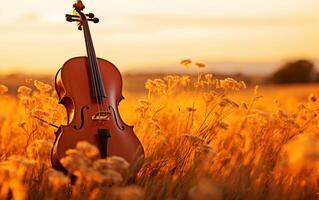 harmonia revelado uma solitário violoncelo dentro pôr do sol abraço foto