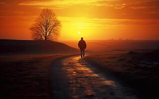 solidão passear solitário homem caminhando ao longo a estrada às pôr do sol foto