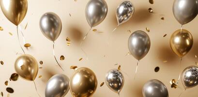 ai gerado prata e ouro balões flutuando sobre uma bege fundo foto