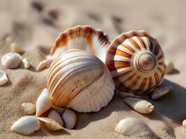 ai gerado uma casal do conchas do mar sentado em topo do uma arenoso praia, vestindo Concha do mar traje, Concha do mar, concha Concha foto