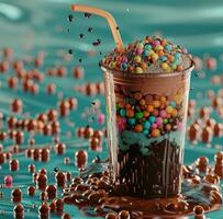 ai gerado super leitoso chá leite gelo chá quente cacau beber com granulados e chocolate gotas foto