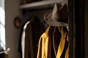 ai gerado estilizado guarda roupa dentro Sombrio quarto com Castanho chapéu foto