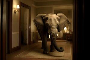 ai gerado elefante dentro a sala, neural rede gerado fotorrealista imagem foto