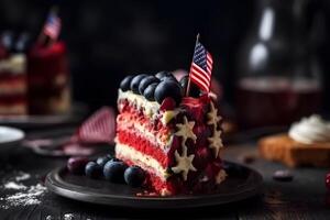 ai gerado peça do bolo dentro cores do americano bandeira. independência dia conceito, neural rede gerado fotorrealista imagem foto