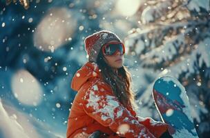 ai gerado a mulher é posando dentro uma com uma snowboard foto