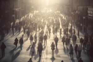 ai gerado multidão do pessoas caminhando em cidade rua às nebuloso manhã, neural rede gerado imagem foto