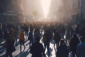 ai gerado multidão do pessoas caminhando em cidade rua às nebuloso manhã, neural rede gerado imagem foto