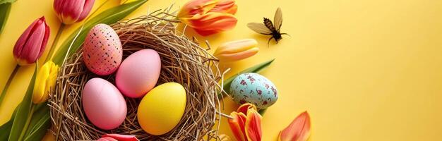 ai gerado colorida Páscoa ovos e colorida tulipas dentro Páscoa ninho em amarelo foto