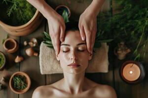 ai gerado mulher obtendo dela cabeça massagem dentro uma spa meio Ambiente foto
