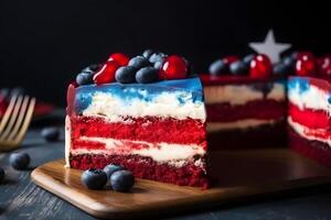 ai gerado peça do bolo dentro cores do americano bandeira. independência dia conceito, neural rede gerado fotorrealista imagem foto