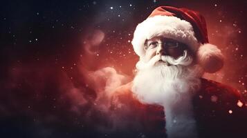 ai gerado santa claus face fechar-se com desfocado vermelho cósmico brilhar bokeh cópia de espaço fundo, neural rede gerado imagem foto