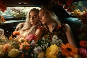 ai gerado dois atraente Loiras caucasiano jovem adulto mulheres em costas assento do caro carro cercado com flores, neural rede gerado fotorrealista imagem foto