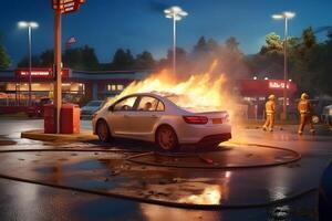 ai gerado uma carro é em fogo dentro uma estacionamento muitos às verão noite, neural rede gerado imagem foto
