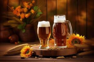 ai gerado oktoberfest Cerveja óculos cheio do Cerveja com trigo em de madeira mesa, neural rede gerado fotorrealista imagem foto