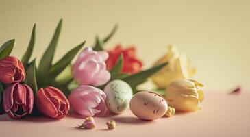 ai gerado Páscoa ovo cena e colorida tulipas dentro a fundo foto