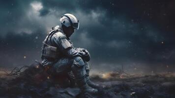 ai gerado uma soldado sentado dentro frente do uma nuvem do fumaça dentro campo de batalha, neural rede gerado fotorrealista imagem foto
