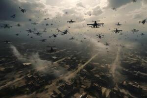 ai gerado zangão guerra - muitos militares helicóptero zangões acima Oriente médio cidade campo de batalha às dia, neural rede gerado imagem foto