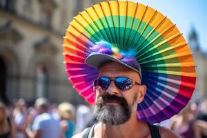 ai gerado adulto caucasiano homem com barba com colorida arco Iris ventilador em cabeça durante gay orgulho parada dentro europeu cidade às dia, neural rede gerado fotorrealista imagem foto