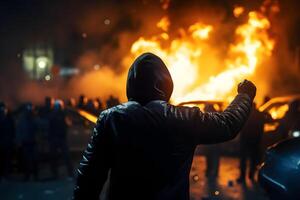 ai gerado rua tumulto dentro cidade com manifestantes e queimando carros, neural rede gerado fotorrealista imagem foto