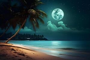 ai gerado tropical de praia Visão com branco areia, turquesa água e Palma árvore às cheio lua noite, neural rede gerado fotorrealista imagem foto