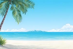 ai gerado tropical de praia Visão às ensolarado dia com branco areia, turquesa água e Palma árvore, neural rede gerado imagem foto