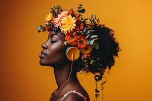 ai gerado mulher com flores ouvindo para música jogando fones de ouvido em a laranja fundo foto