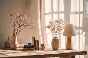 ai gerado madeira mesa com mesa lâmpadas, vaso, flores, livro e Câmera foto