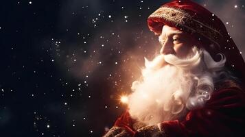 ai gerado santa claus face fechar-se com desfocado brilhar bokeh cópia de espaço fundo , neural rede gerado imagem foto