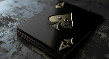 ai gerado uma Preto cartão do pôquer dentro a Formato do uma pá em uma Preto cinzento foto