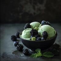 ai gerado uma tigela do gelo creme com verde frutas e bagas foto