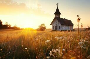 ai gerado uma Igreja dentro uma país campo de a Sol às nascer do sol foto