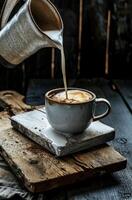 ai gerado uma café caneca em uma branco de madeira borda com leite ser derramado em isto foto