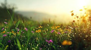 ai gerado uma verde e florido campo com luz solar dentro a fundo foto