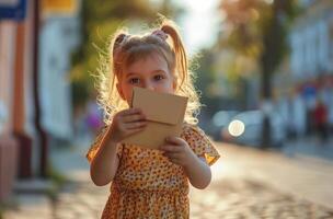 ai gerado uma pequeno menina segurando a envelope segurando isto em a rua foto