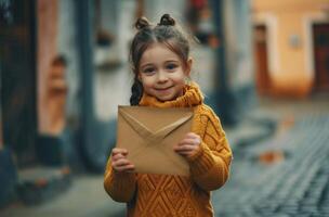 ai gerado uma pequeno menina segurando a envelope segurando isto em a rua foto